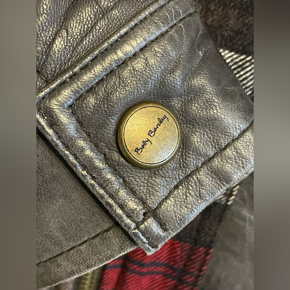 Betty Barclay Size 4 Leather & Plaid Wool Moto Jacket Mixed Media European - Picture 4 of 16